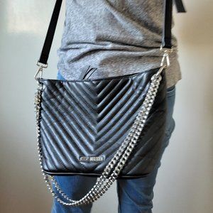 DISCOUNT SHIP! Steve Madden Black Chain CrossBody Handbag Purse Puffy Chevron